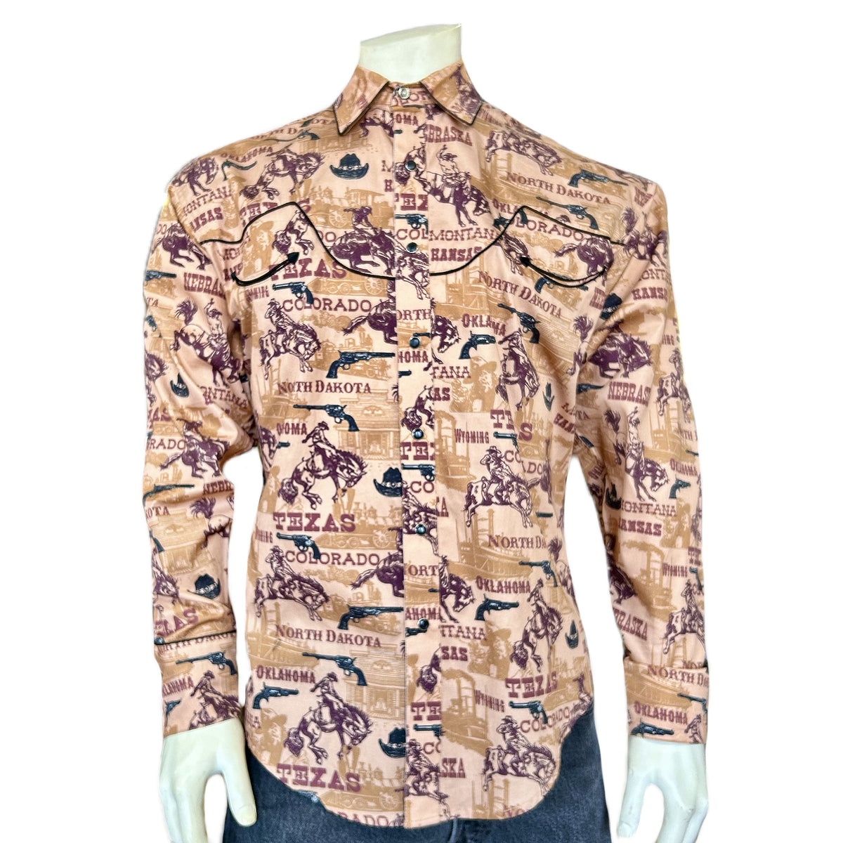 Men's Vintage Brown States Western Shirt by Rockmount Ranch Wear, vintage western shirt with snap button cuffs