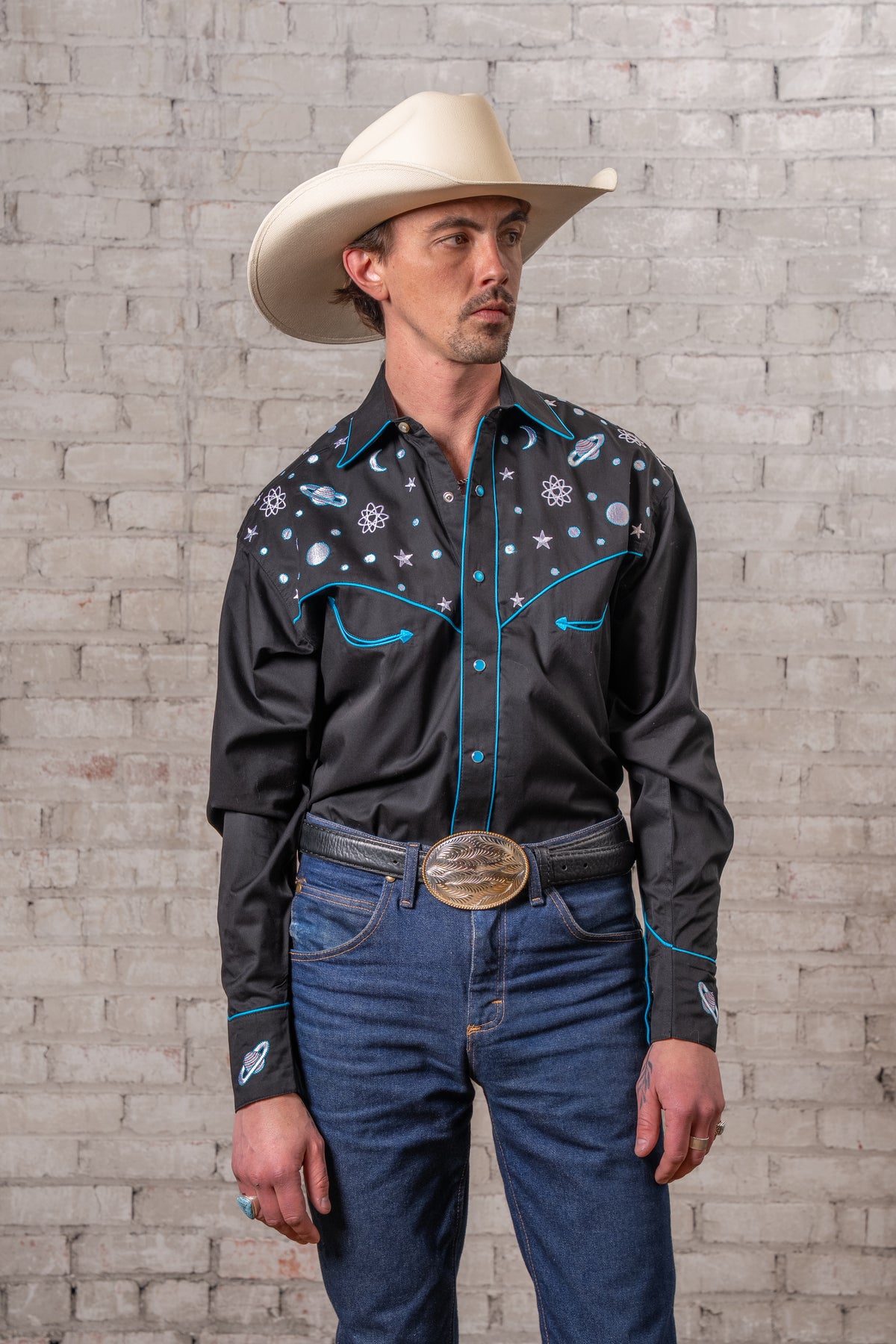 Men's Black Out of This World Embroidered Western Shirt by Rockmount Ranch Wear, vintage western wear with embroidered stars