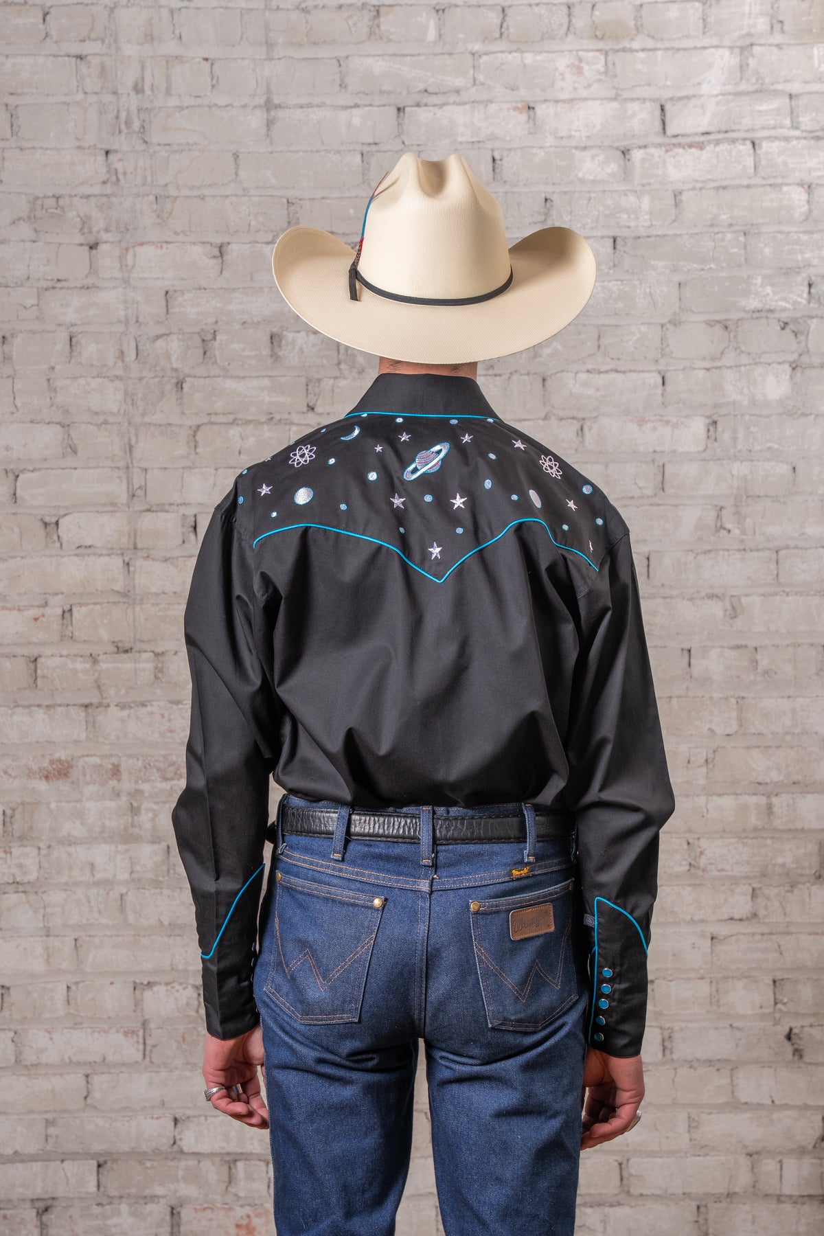 Men's Black Out of This World Embroidered Western Shirt by Rockmount Ranch Wear, vintage western wear with floral fringe