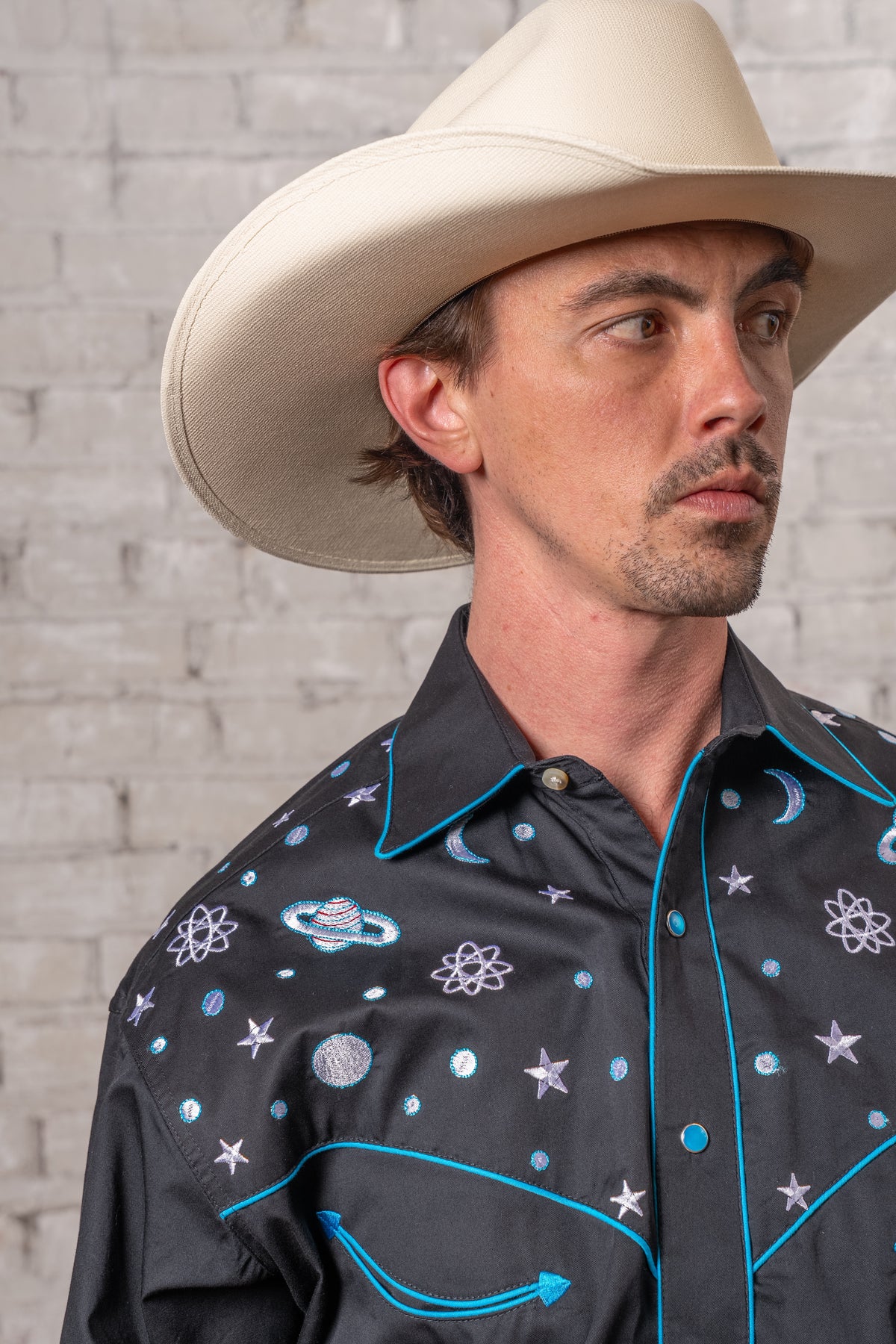 Men's Black Out of This World Embroidered Western Shirt by Rockmount Ranch Wear in vintage black with embroidered stars