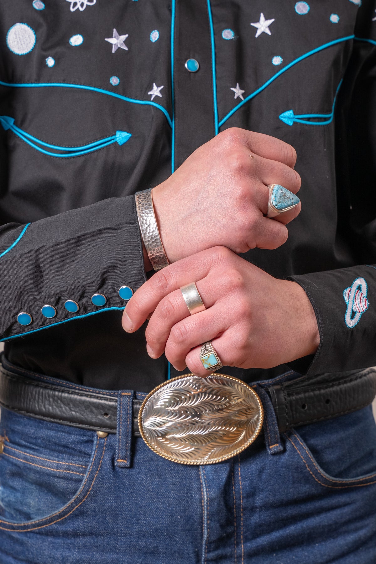 Men's Black Out of This World Embroidered Western Shirt by Rockmount Ranch Wear with vintage stars and snap buttons