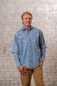 Men's Out of This World Embroidered Denim Western Shirt by Rockmount Ranch Wear, embroidered denim, long sleeve