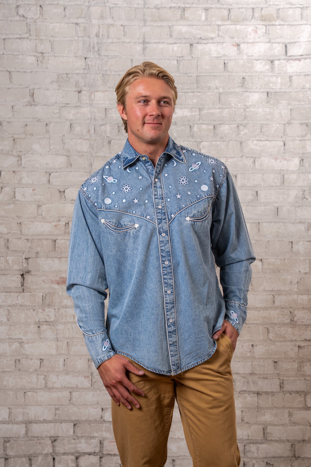 Men's Out of This World Embroidered Denim Western Shirt by Rockmount Ranch Wear, embroidered denim, long sleeve