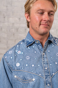 Men's Out of This World Embroidered Denim Western Shirt by Rockmount Ranch Wear, vintage fringe embroidered