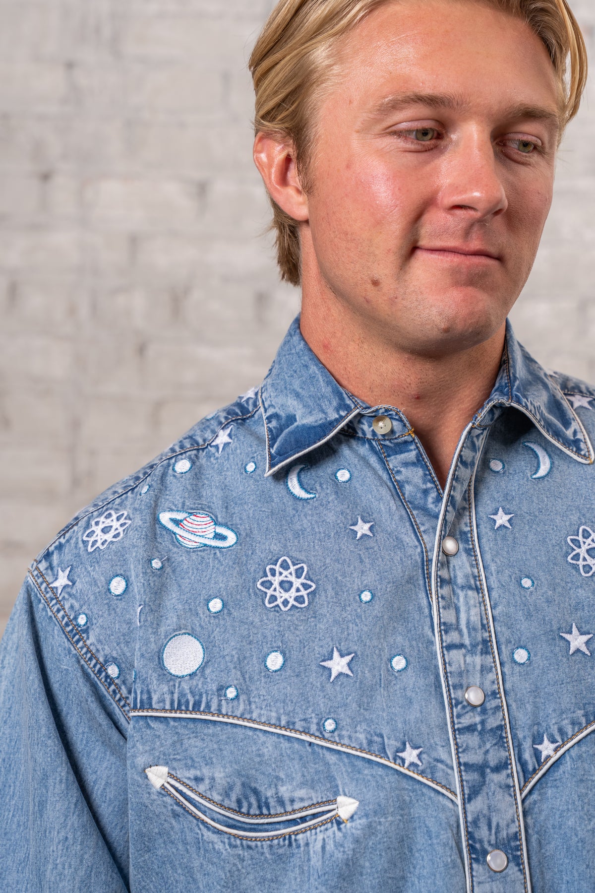 Men's Out of This World Embroidered Denim Western Shirt by Rockmount Ranch Wear, vintage fringe embroidered