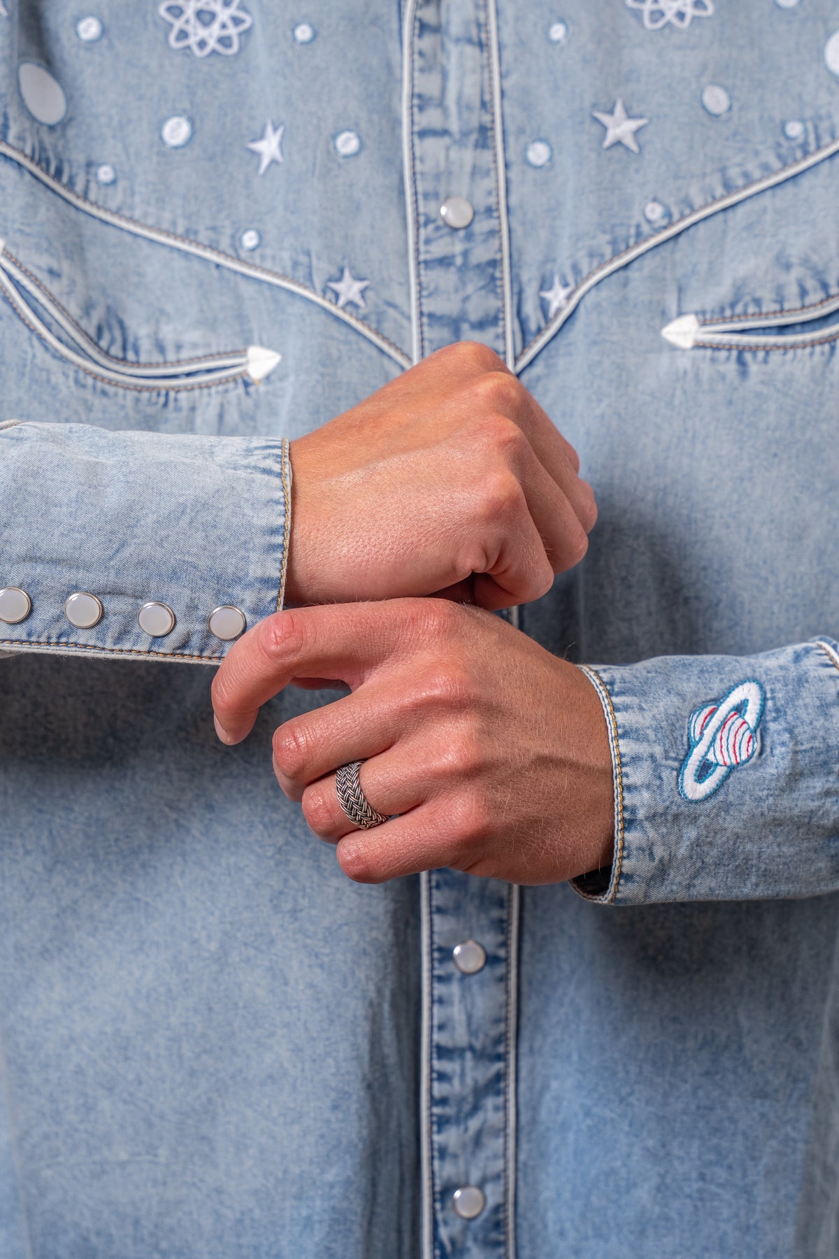 Men's Out of This World Embroidered Denim Western Shirt by Rockmount Ranch Wear in vintage denim with embroidered stars