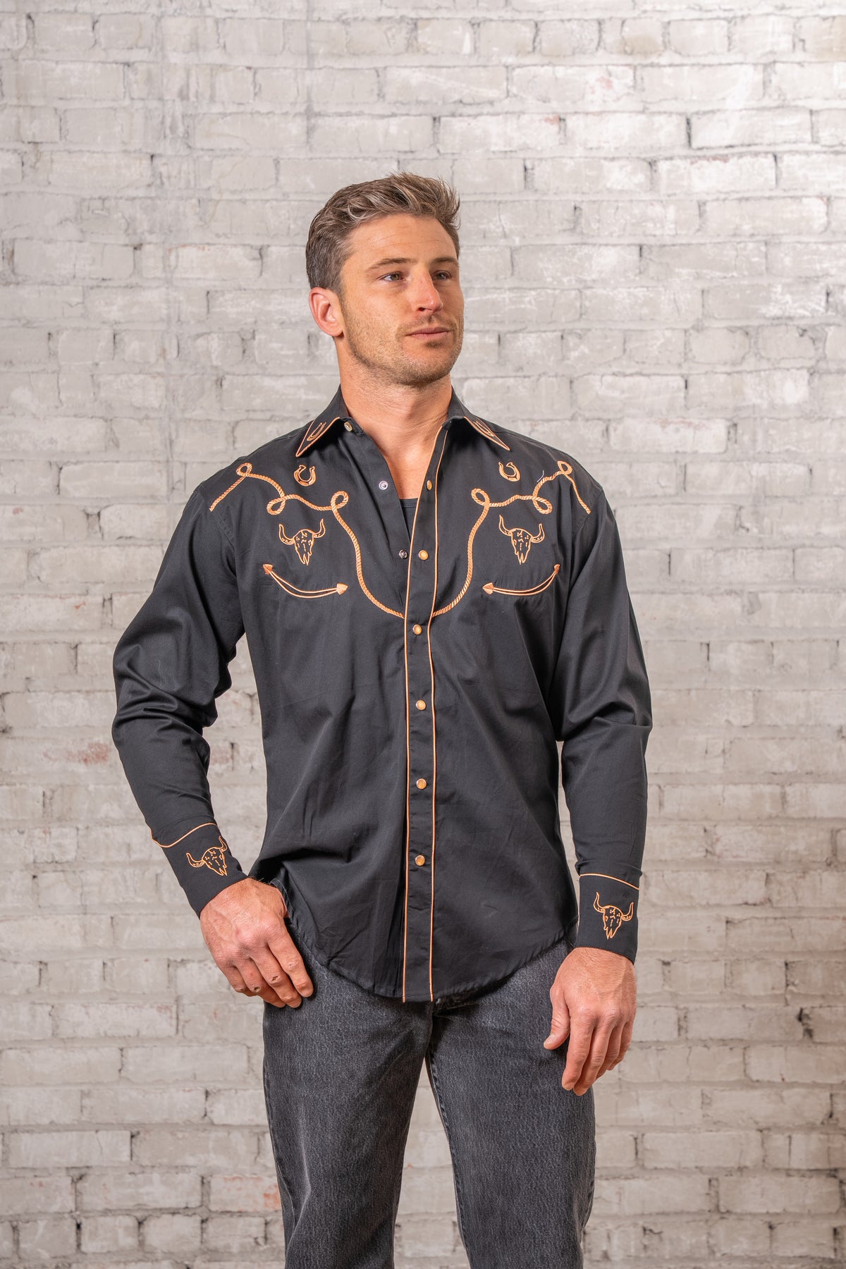 Men's Black Embroidery Western Shirt Rockmount Ranch Wear with embroidered western shirt vintage fringe details