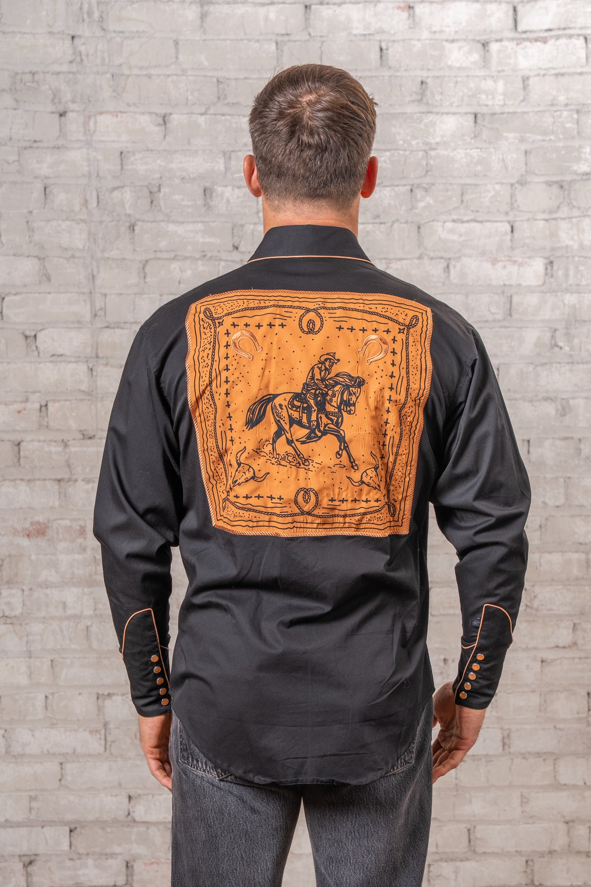 Men's Black Embroidery and Applique Western Shirt by Rockmount Ranch Wear with embroidered western shirt fringe