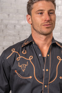 Men's Black Embroidery Western Shirt by Rockmount Ranch Wear with embroidered western shirt floral fringe