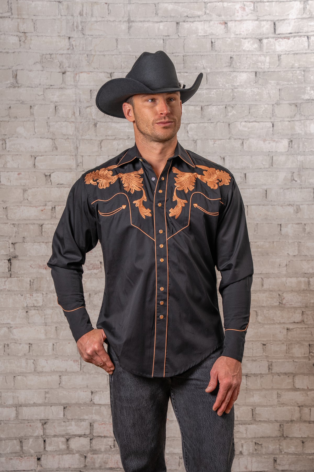 Men's Vintage Black Leaf Tooling Embroidered Western Shirt by Rockmount Ranch Wear with leaf tooling embroidery