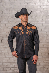 Men's Vintage Black Leaf Tooling Embroidered Western Shirt by Rockmount Ranch Wear with leaf tooling embroidery