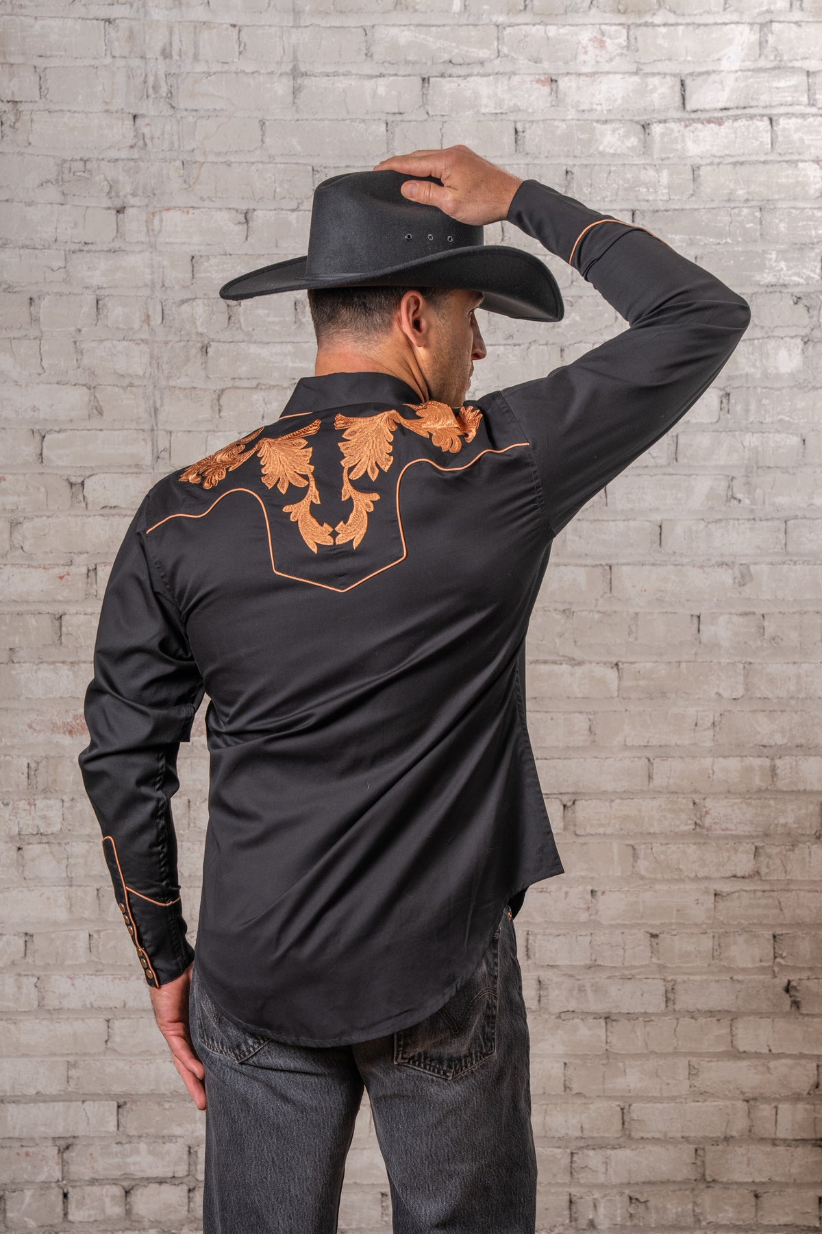 Men's Vintage Black Leaf Tooling Embroidered Western Shirt by Rockmount Ranch Wear, leaf tooling embroidery