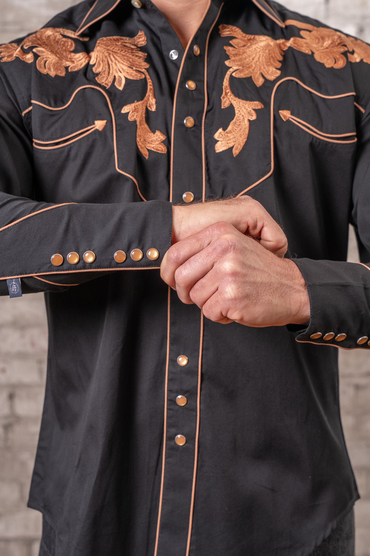 Men's Vintage Black Leaf Tooling Embroidered Western Shirt by Rockmount Ranch Wear with leaf tooling embroidery and snap front