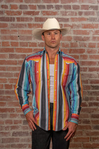 Men's Vintage Serape Stripe Western Shirt by Rockmount Ranch Wear in 100 percent cotton with boho embroidery