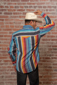 Men's Vintage Serape Stripe Western Shirt by Rockmount Ranch Wear in denim with boho embroidery and fringe