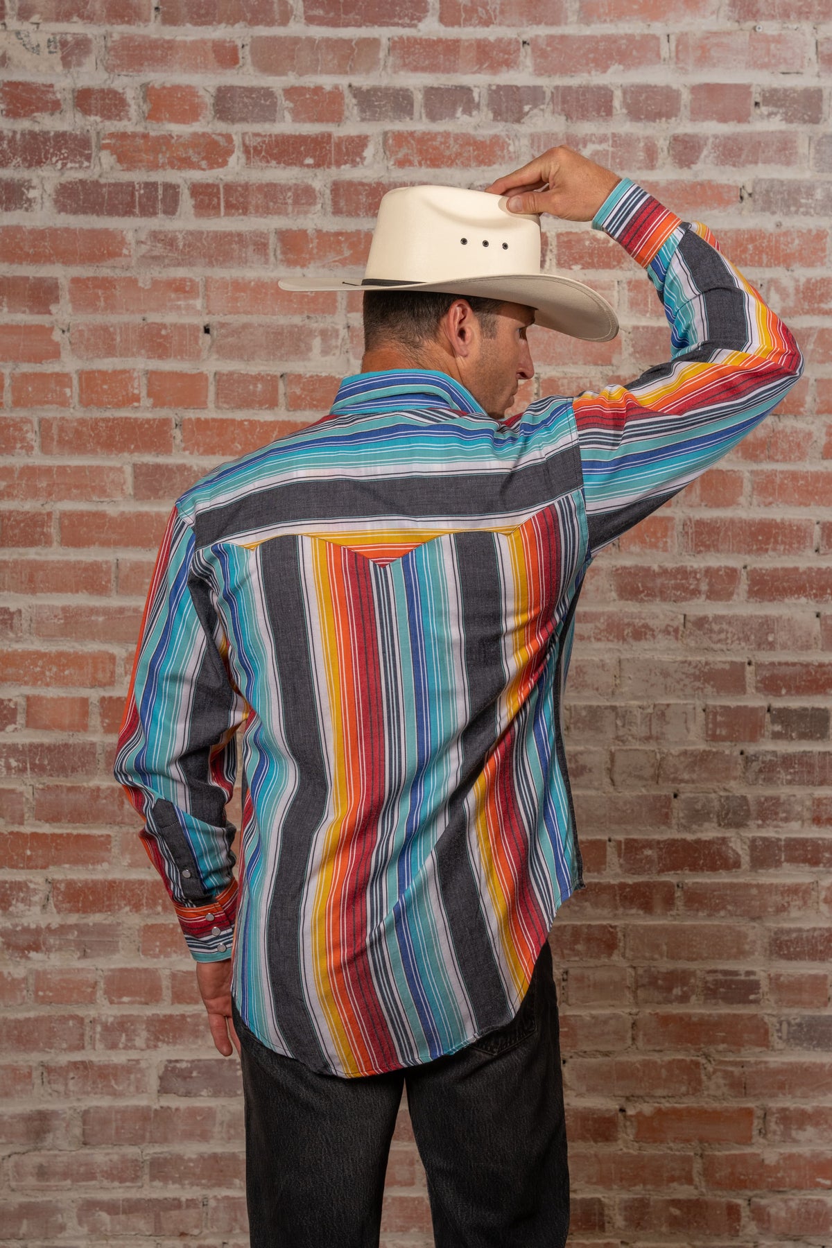 Men's Vintage Serape Stripe Western Shirt by Rockmount Ranch Wear in denim with boho embroidery and fringe