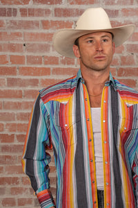 Men's Vintage Serape Stripe Western Shirt by Rockmount Ranch Wear in vintage fringe embroidered cotton