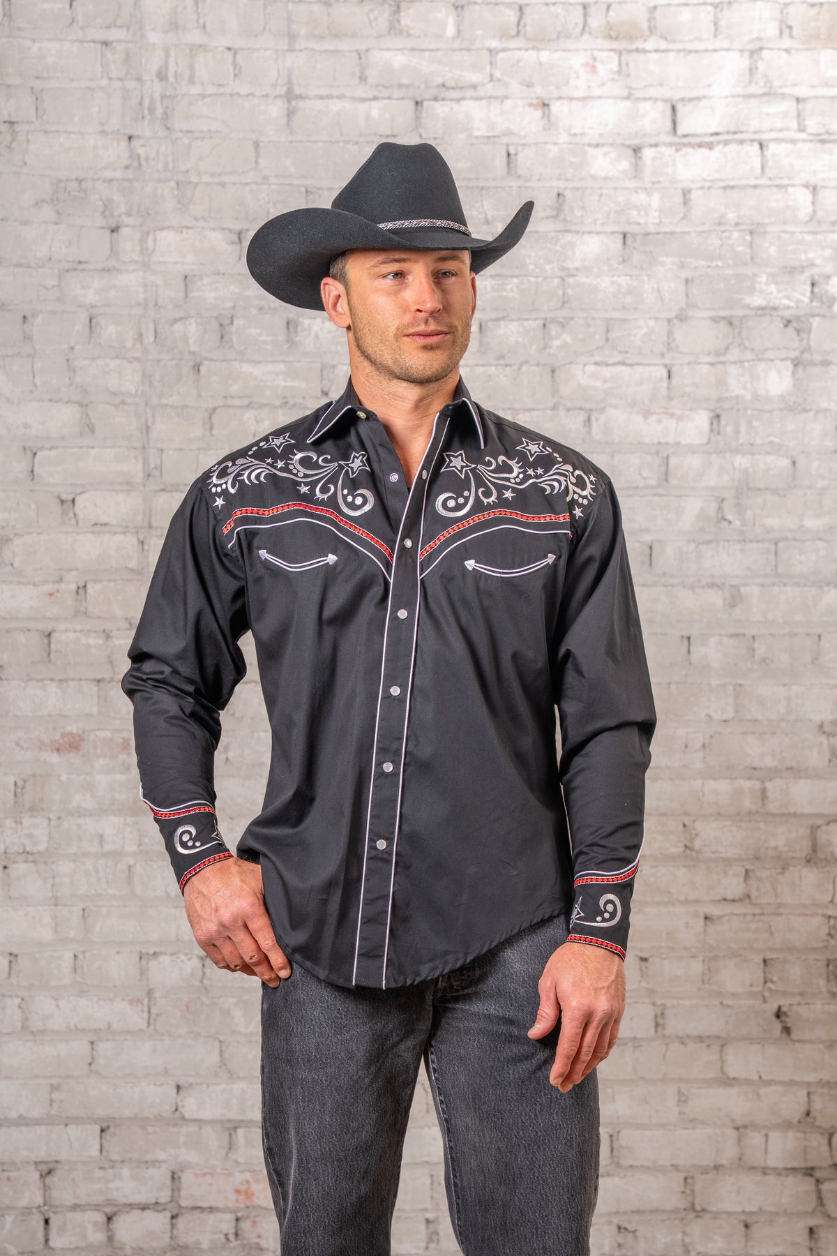 Men's Vintage Black Stars and Scrolls Embroidered Western Shirt by Rockmount Ranch Wear, vintage western shirt with heavily embroidered front