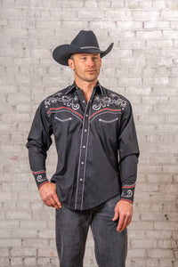 Men's Vintage Black Stars and Scrolls Embroidered Western Shirt by Rockmount Ranch Wear, vintage western shirt with heavily embroidered front