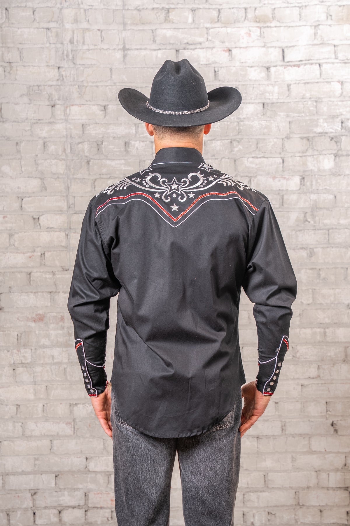 Men's Vintage Black Stars and Scrolls Embroidered Western Shirt by Rockmount Ranch Wear, vintage western shirt