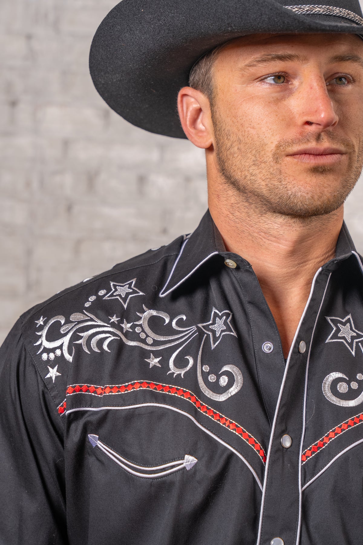 Men's Vintage Black Stars and Scrolls Embroidered Western Shirt by Rockmount Ranch Wear, vintage embroidered western shirt