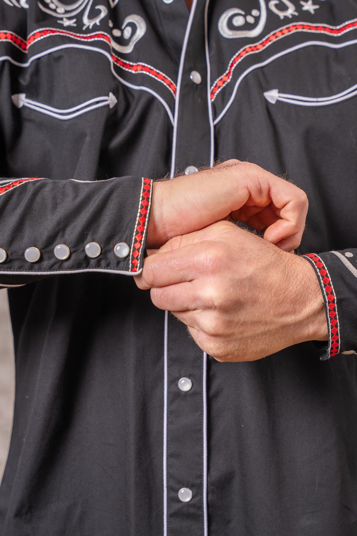 Men's Vintage Black Stars and Scrolls Embroidered Western Shirt by Rockmount Ranch Wear with snaps and heavy embroidery