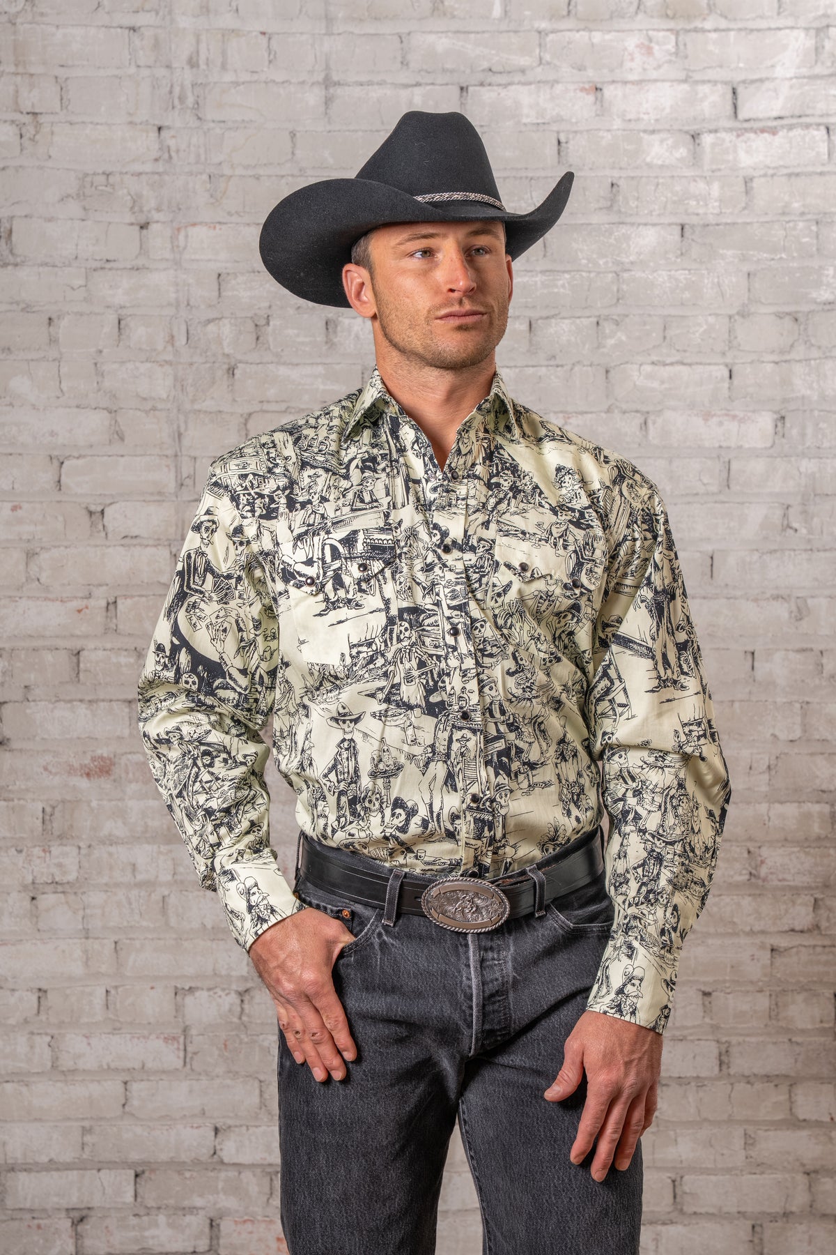 Men's Deadwood Saloon Print Western Shirt by Rockmount Ranch Wear in vintage print with round snap closures