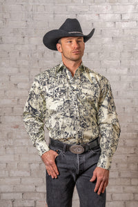 Men's Deadwood Saloon Print Western Shirt by Rockmount Ranch Wear in vintage print with round snap closures