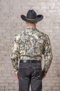 Men's Deadwood Saloon Print Western Shirt by Rockmount Ranch Wear in vintage cowboy print with snap closures
