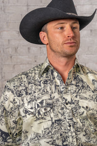 Men's Deadwood Saloon Print Western Shirt by Rockmount Ranch Wear with vintage cowboy print and round snap closures