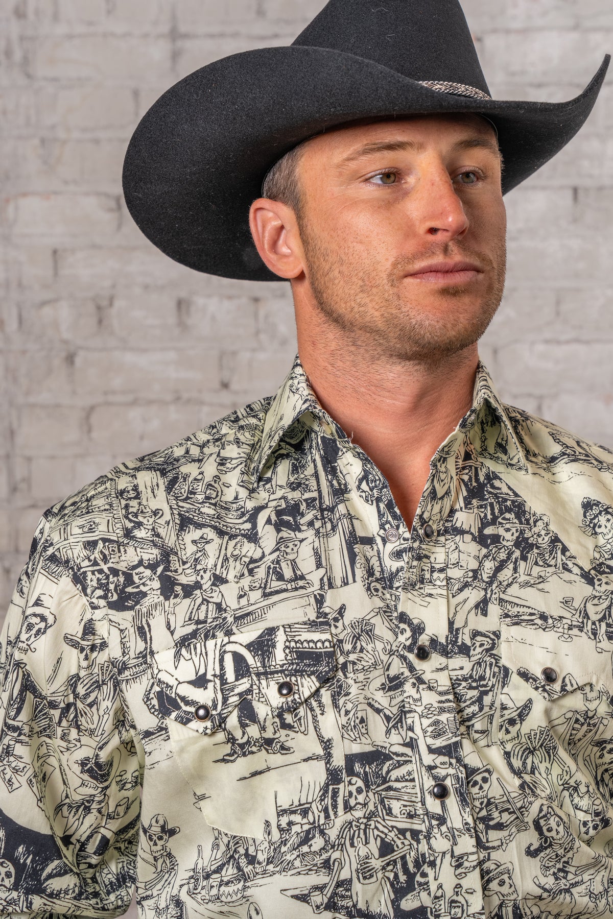 Men's Deadwood Saloon Print Western Shirt by Rockmount Ranch Wear with vintage cowboy print and round snap closures