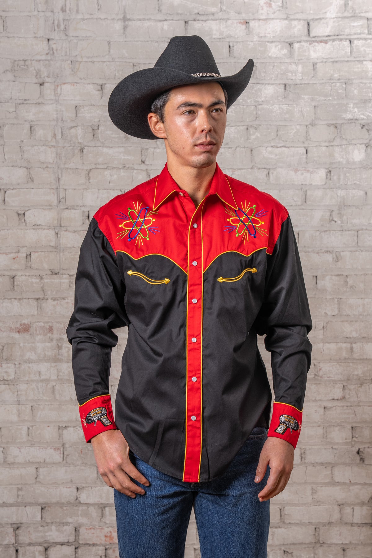 Men's 2-Tone Atomic Cowboy Embroidered Western Shirt by Rockmount Ranch Wear in red and black with embroidered atomic motifs