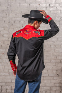 Men's 2-Tone Atomic Cowboy Embroidered Western Shirt by Rockmount Ranch Wear, vintage western shirt with embroidered atomic motifs