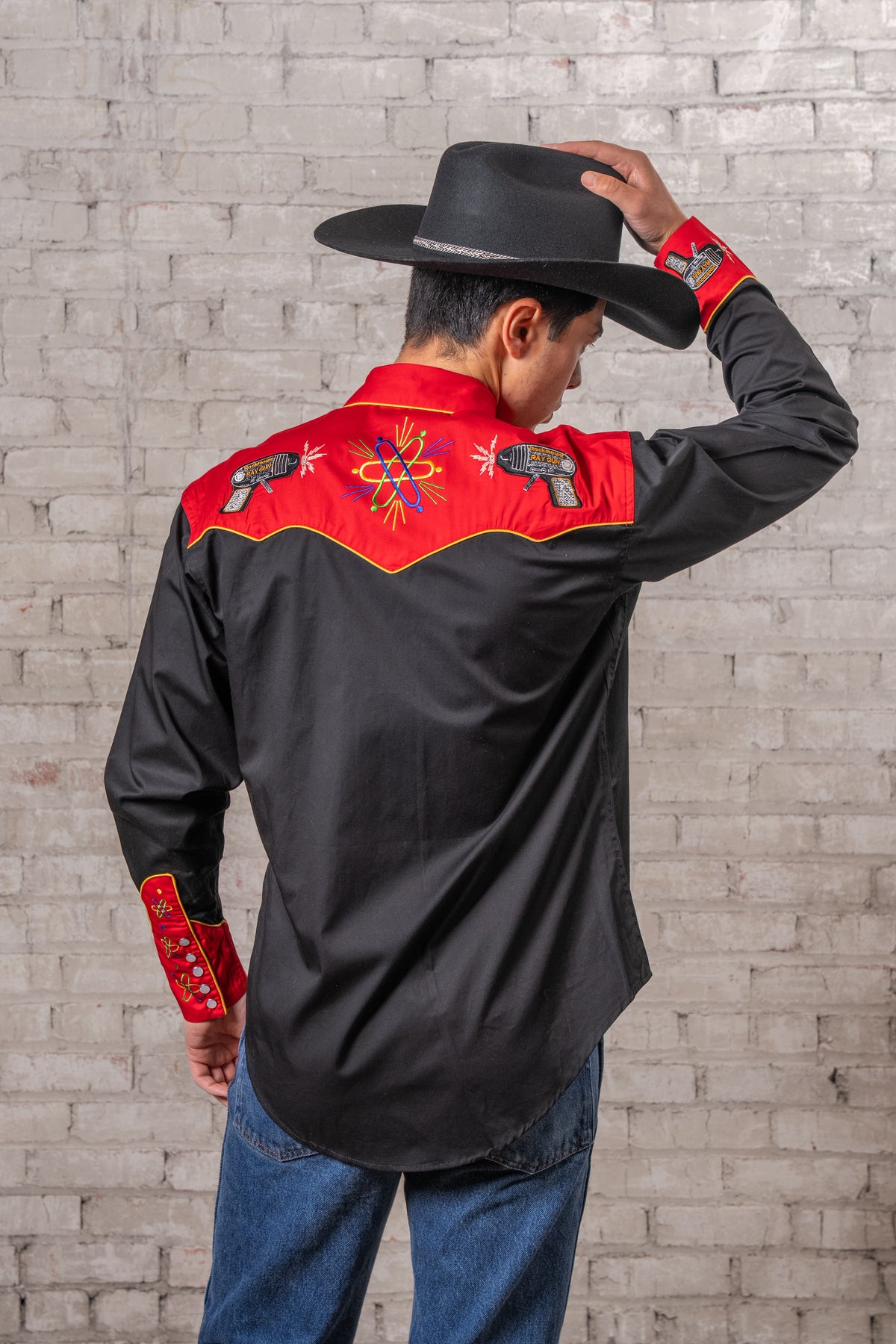Men's 2-Tone Atomic Cowboy Embroidered Western Shirt by Rockmount Ranch Wear, vintage western shirt with embroidered atomic motifs