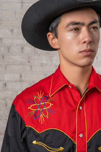 Men's 2-Tone Atomic Cowboy Embroidered Western Shirt by Rockmount Ranch Wear with embroidered atomic motifs