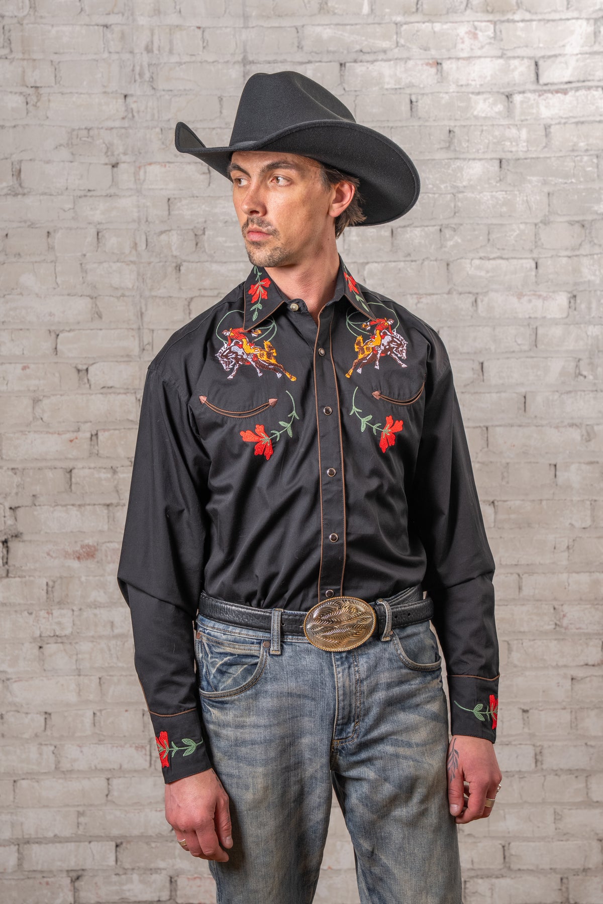 Men's Vintage Black Bronc Embroidered Western Shirt by Rockmount Ranch Wear with floral embroidered arrows