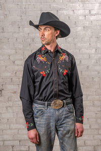 Men's Vintage Black Bronc Embroidered Western Shirt by Rockmount Ranch Wear with floral embroidered arrows