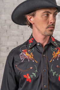 Men's Vintage Black Bronc Embroidered Western Shirt by Rockmount Ranch Wear with floral embroidered fringe