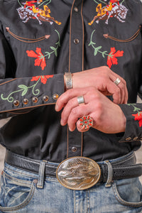 Men's Vintage Black Bronc Embroidered Western Shirt by Rockmount Ranch Wear with floral embroidered smile pockets