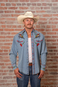 Men's Vintage Denim Bronc Embroidered Western Shirt by Rockmount Ranch Wear in stonewashed blue denim with embroidered arrows
