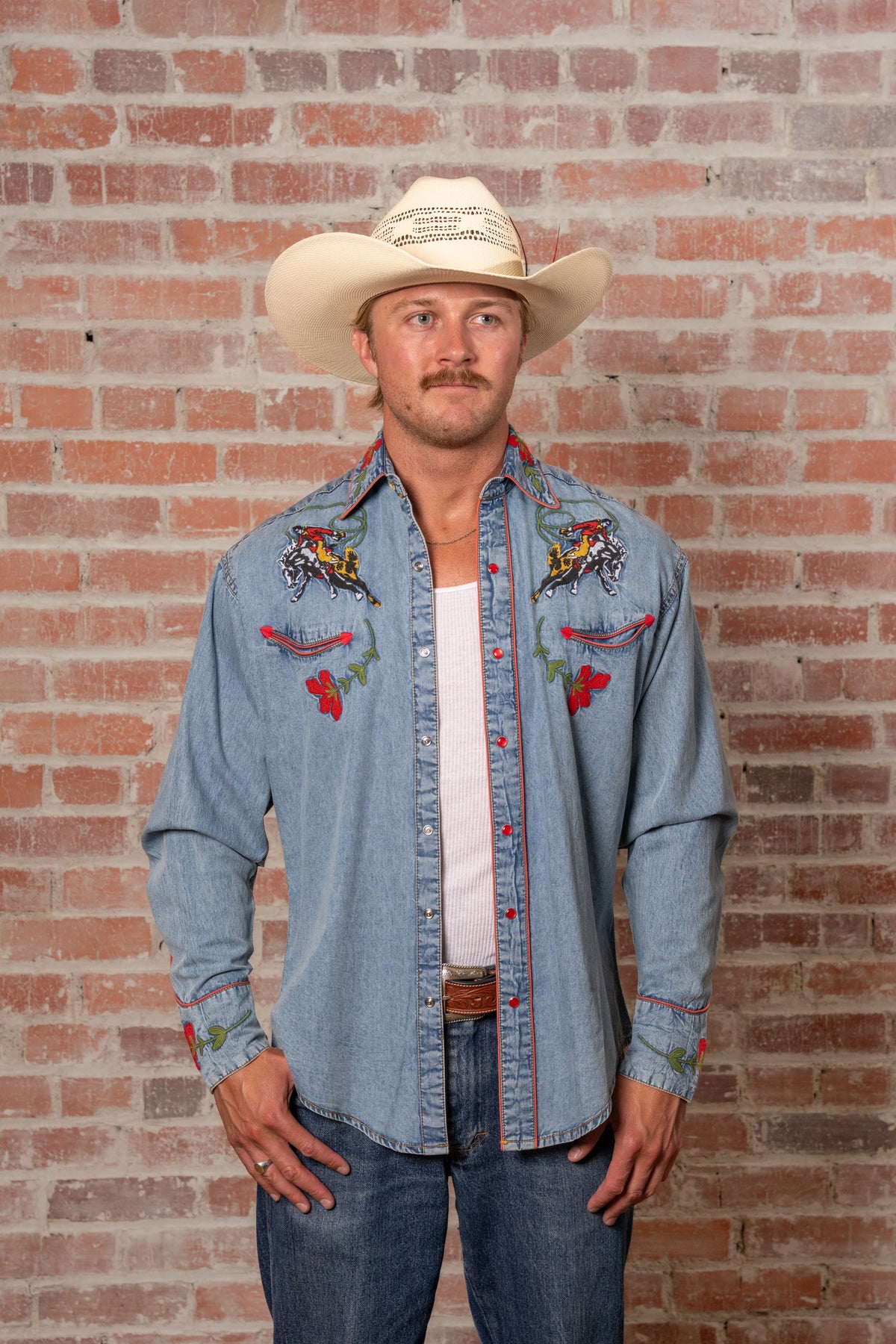 Men's Vintage Denim Bronc Embroidered Western Shirt by Rockmount Ranch Wear in stonewashed blue denim with embroidered arrows