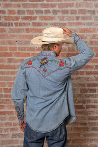 Men's Vintage Denim Bronc Embroidered Western Shirt by Rockmount Ranch Wear in stonewashed blue with embroidered arrows