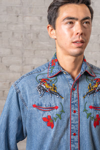 Men's Vintage Denim Bronc Embroidered Western Shirt by Rockmount Ranch Wear in vintage denim with floral embroidery