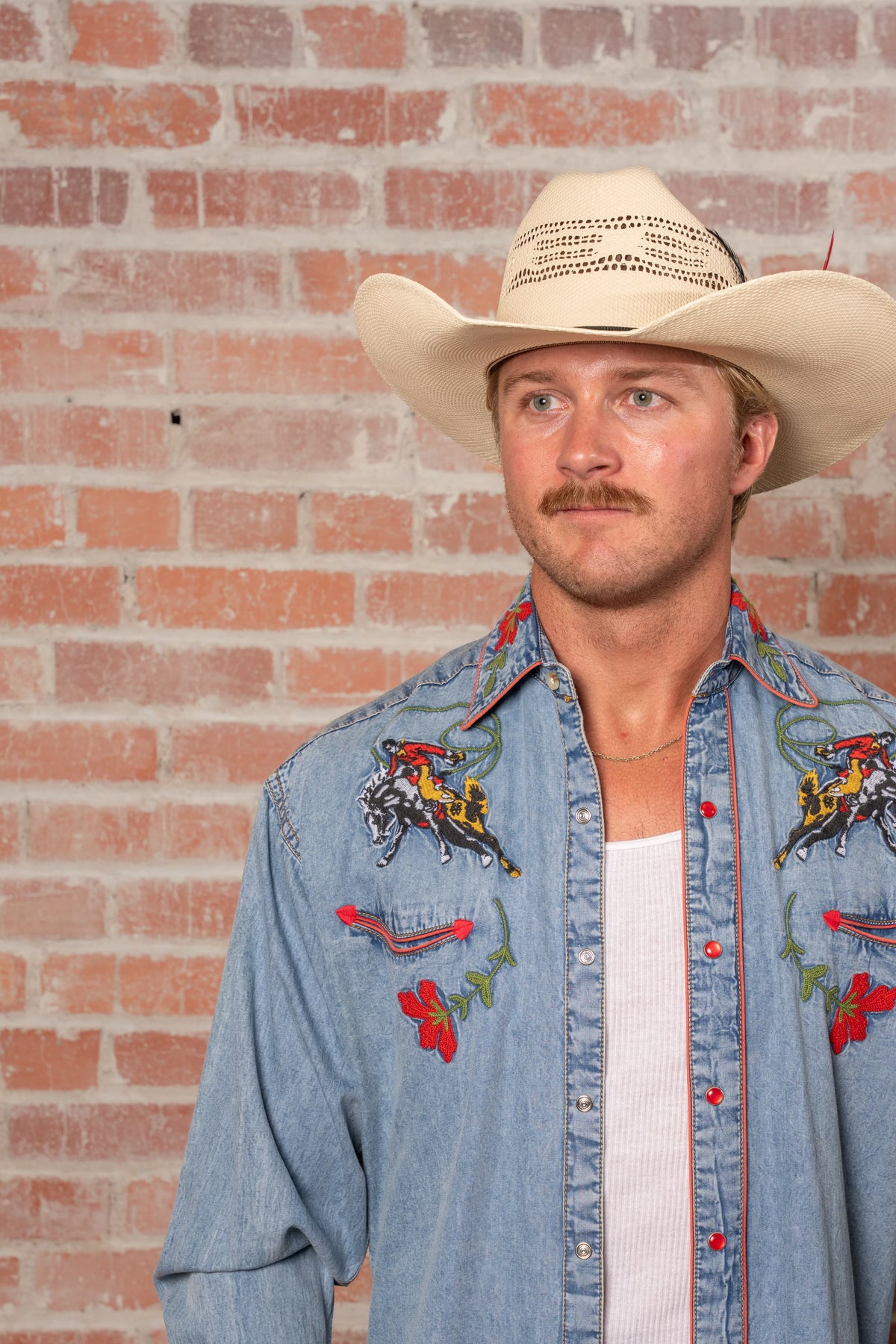 Men's Vintage Denim Bronc Embroidered Western Shirt by Rockmount Ranch Wear, embroidered western shirt with snaps