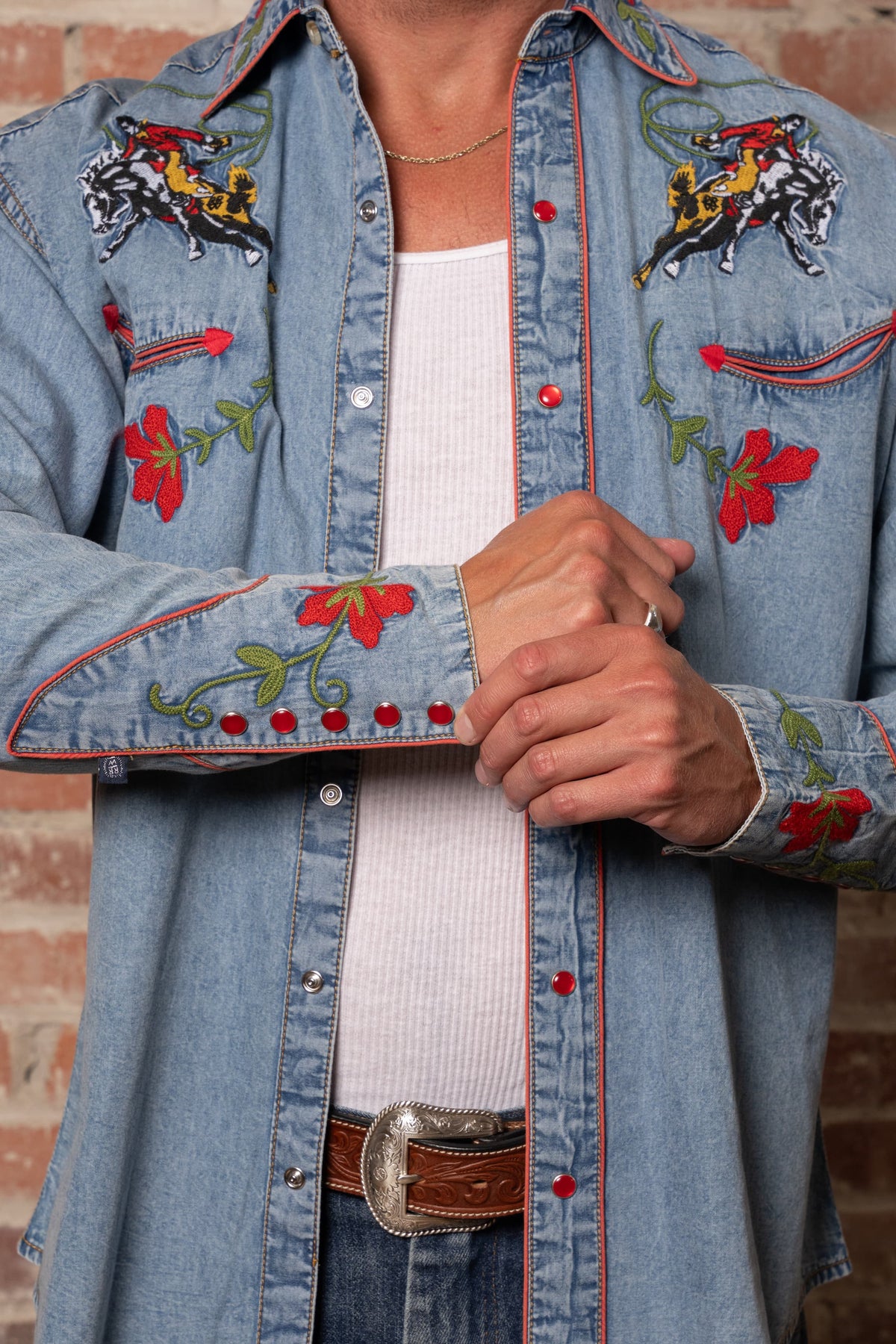 Men's Vintage Denim Bronc Embroidered Western Shirt by Rockmount Ranch Wear, vintage fringe embroidered floral
