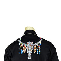 Men's Black Steer Skulls with Feathers Embroidered Western Shirt by Rockmount Ranch Wear, vintage fringe