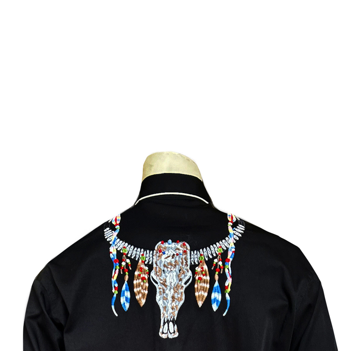 Men's Black Steer Skulls with Feathers Embroidered Western Shirt by Rockmount Ranch Wear, vintage fringe