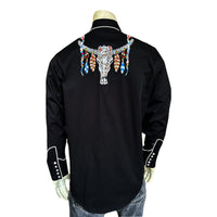 Men's Black Steer Skulls with Feathers Embroidered Western Shirt by Rockmount Ranch Wear, vintage western shirt