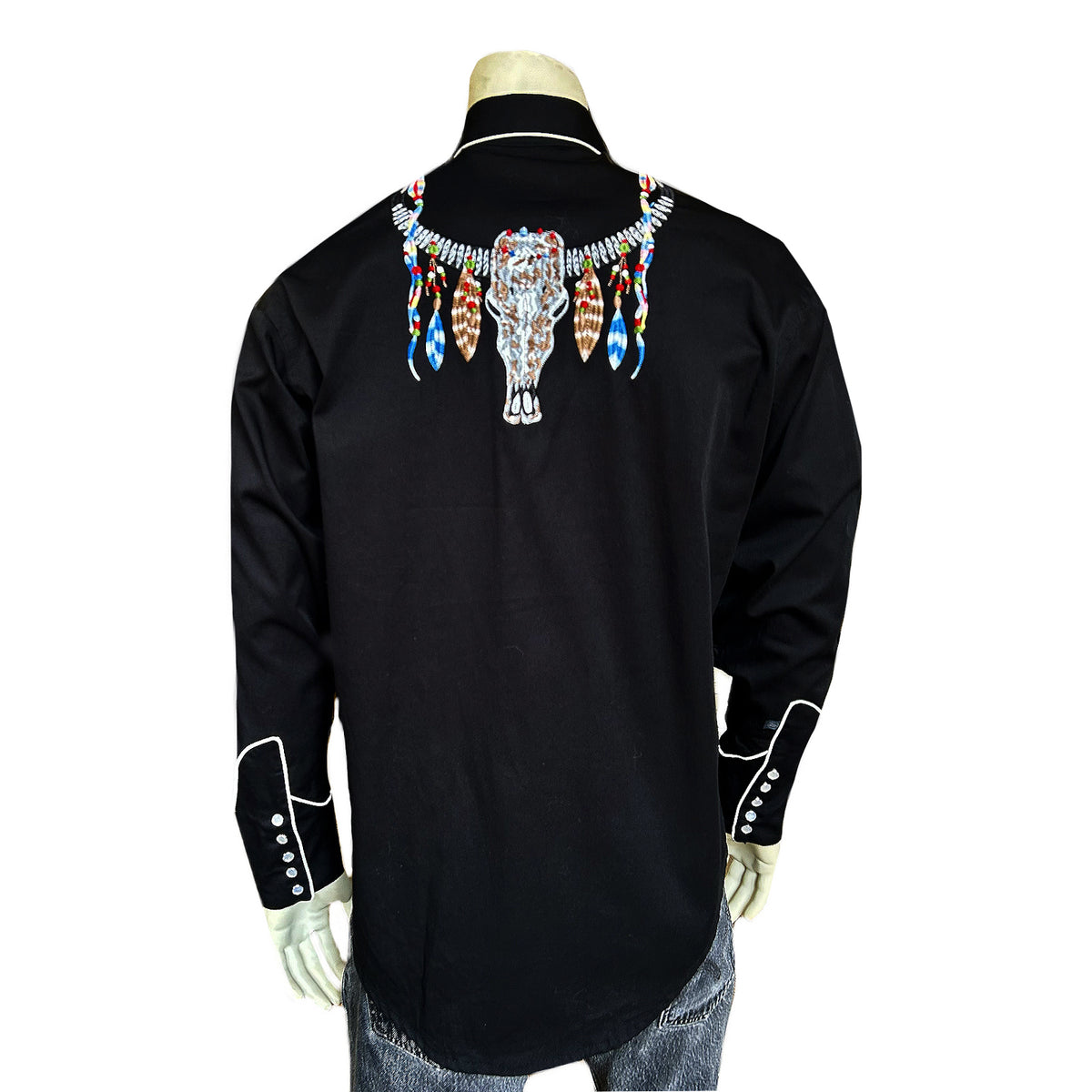 Men's Black Steer Skulls with Feathers Embroidered Western Shirt by Rockmount Ranch Wear, vintage western shirt
