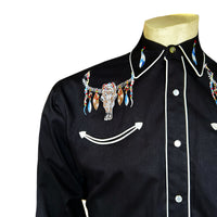 Men's Black Steer Skulls with Feathers Embroidered Western Shirt by Rockmount Ranch Wear, vintage fringe